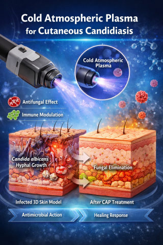 Illustrazione scientifica di copertina che mostra un dispositivo a plasma atmosferico freddo che emette un getto di plasma verso un modello tridimensionale di cute umana infettata da Candida albicans. L’immagine mette a confronto uno strato cutaneo infetto, caratterizzato da crescita ifale fungina e infiammazione, con un modello cutaneo trattato dopo l’esposizione al plasma, evidenziando l’attività antifungina, la modulazione della risposta immunitaria e la guarigione dei tessuti.